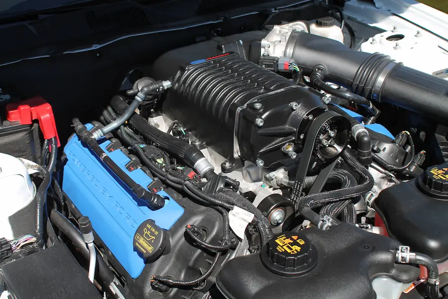 Car with blue and white V8 engine