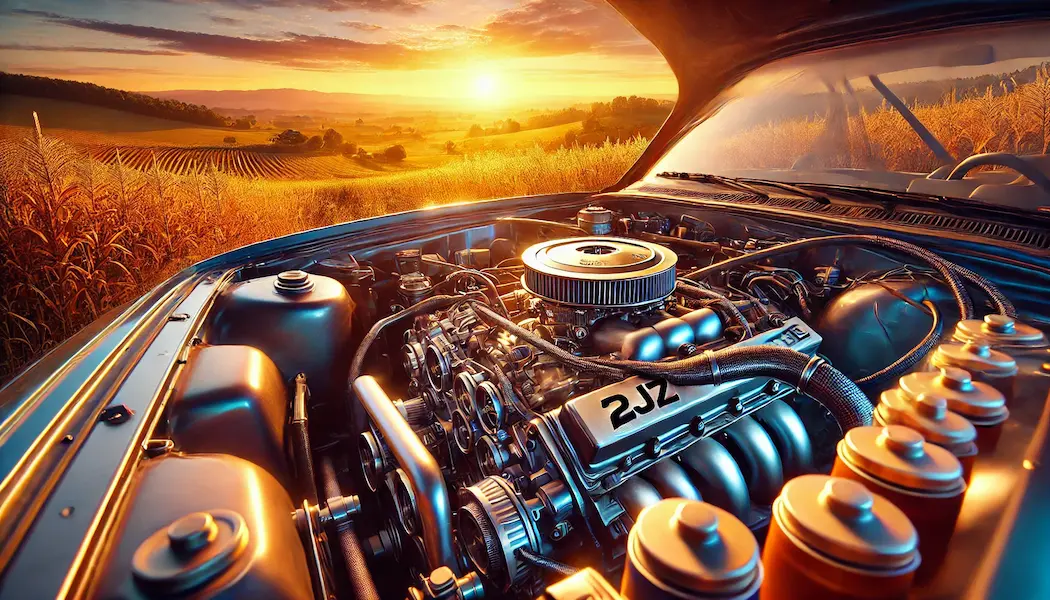 Close-up of a car's 2JZ engine in a vibrant countryside setting at sunset, with a lush green landscape and a colorful sky in the background.