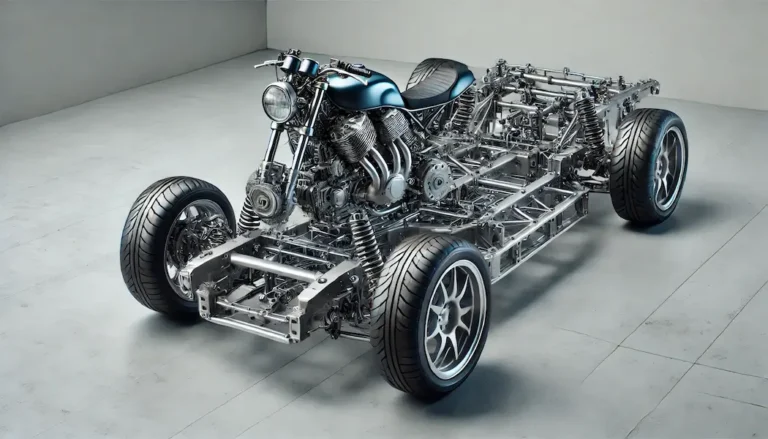 A detailed image of a car chassis with a motorcycle engine installed. The setting is in a clean workshop with a concrete floor and a plain wall in the background. The car chassis should be equipped with visible components like the motorcycle engine, suspension, and wheels. The image should clearly highlight the integration of the motorcycle engine into the car's structure, showcasing the unique engineering setup.