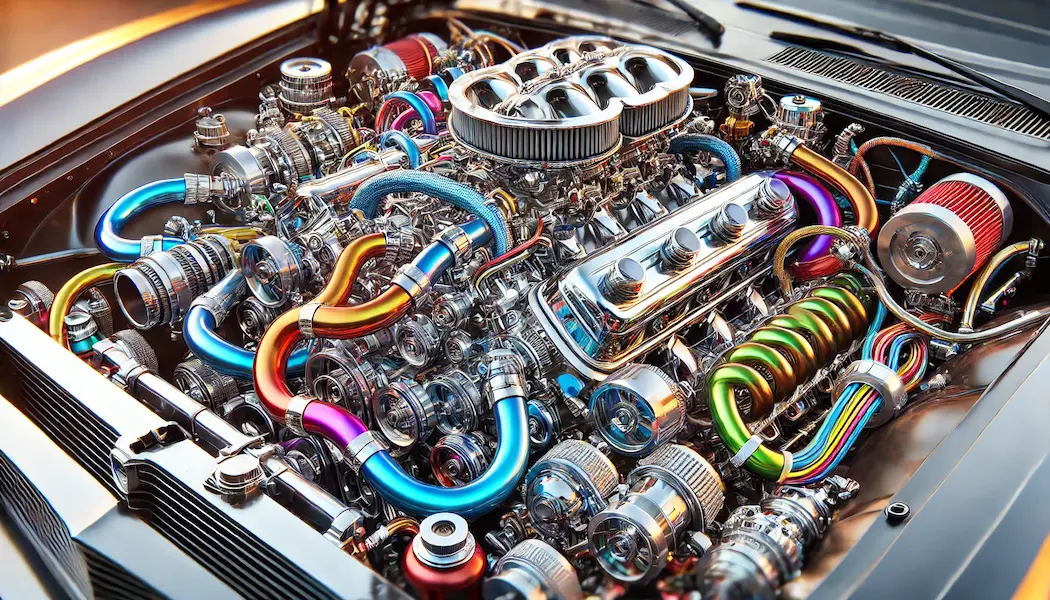 A close-up image of a high-performance car engine with colorful and polished components, including chrome parts, vibrant hoses, and various mechanical elements. The setting is clean and emphasizes the intricate details and complexity of the engine build. The focus is on the engineering excellence and aesthetic appeal of the high-performance car engine.