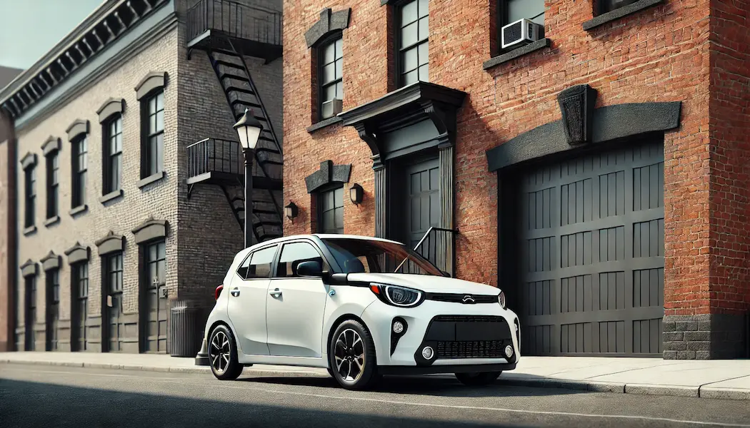 A detailed image of a white compact car parked in front of a brick building with a black garage door. The car is clean and polished, showcasing its modern design. The background includes the brick wall, the black garage door, and some decorative elements. The setting is urban, and the overall scene highlights the stylish and practical aspects of the car.