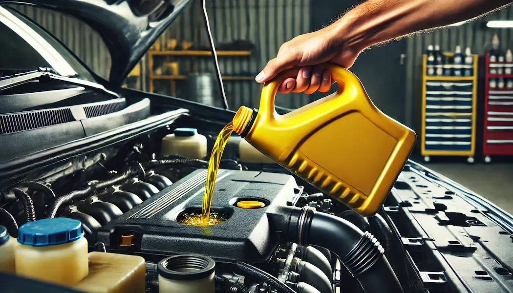 A close-up image of a person pouring engine oil into a car engine. The scene shows the yellow oil container being tilted and the oil flowing into the engine. The car's hood is open, revealing parts of the engine bay. The background includes some workshop elements, indicating a maintenance setting.