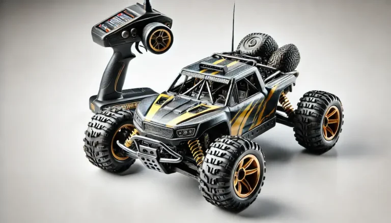 A detailed image of a remote-controlled off-road buggy car with rugged tires and a distinctive yellow and black design. The car is accompanied by its remote control, which is positioned next to it. The background is clean and white, emphasizing the design and features of the RC car and its controller.