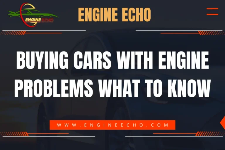 Banner image with the text 'Engine Echo' at the top and 'Buying Cars with Engine Problems: What to Know' prominently displayed in bold letters. The background features a faint image of a car, with the website URL www.engineecho.com at the bottom.