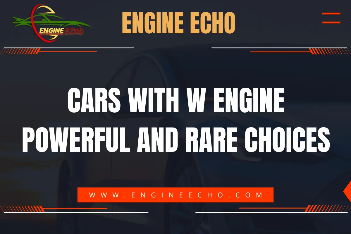 Banner image with the title 'Cars with W Engine: Powerful and Rare Choices' displayed in bold white text against a dark background, featuring the Engine Echo logo and website URL www.engineecho.com.