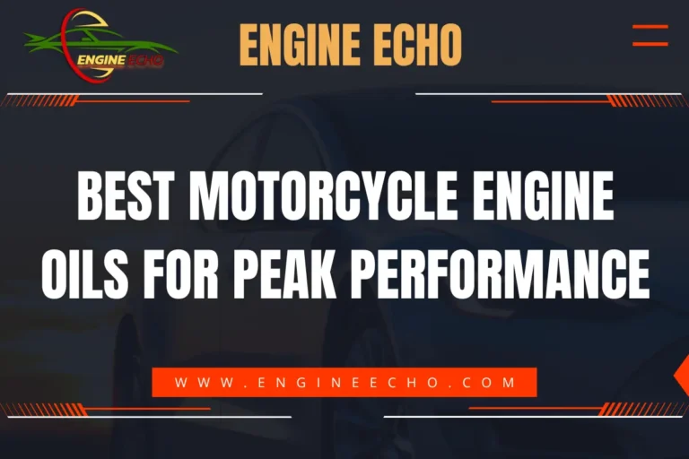 Engine Echo logo and the title 'Best Motorcycle Engine Oils for Peak Performance' displayed on a dark background with a red and white website URL banner at the bottom.