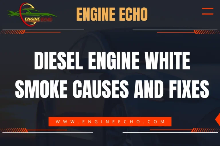 Banner for the article 'Diesel Engine White Smoke Causes and Fixes' on the Engine Echo website, featuring bold text on a dark background with an automotive theme.