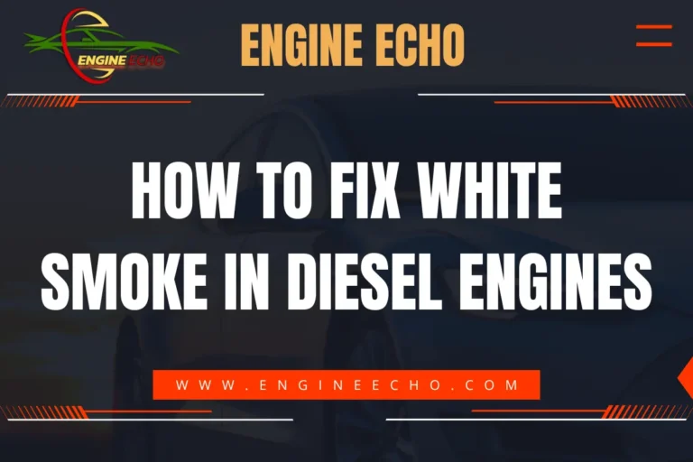 Engine Echo banner image with the title 'How to Fix White Smoke in Diesel Engines' in bold white text, featuring a car silhouette in the background and the website URL www.engineecho.com in a red bar below.