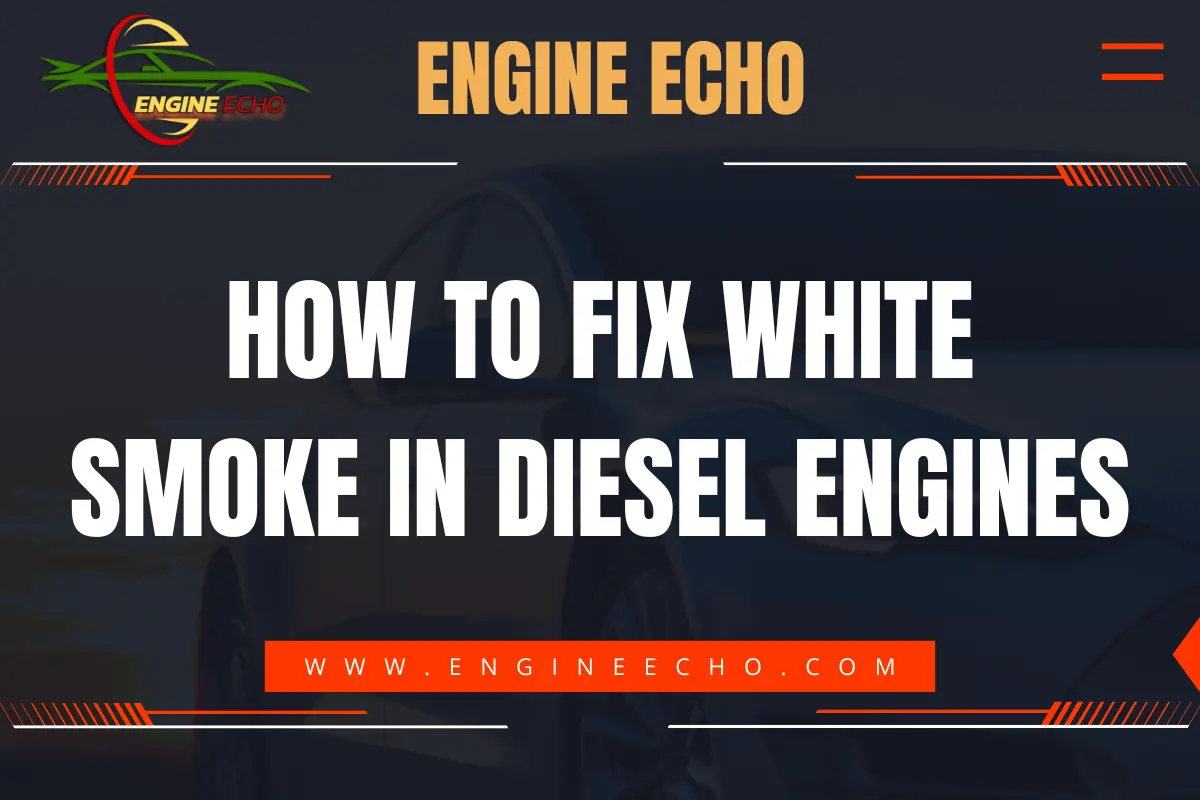 Engine Echo banner image with the title 'How to Fix White Smoke in Diesel Engines' in bold white text, featuring a car silhouette in the background and the website URL www.engineecho.com in a red bar below.