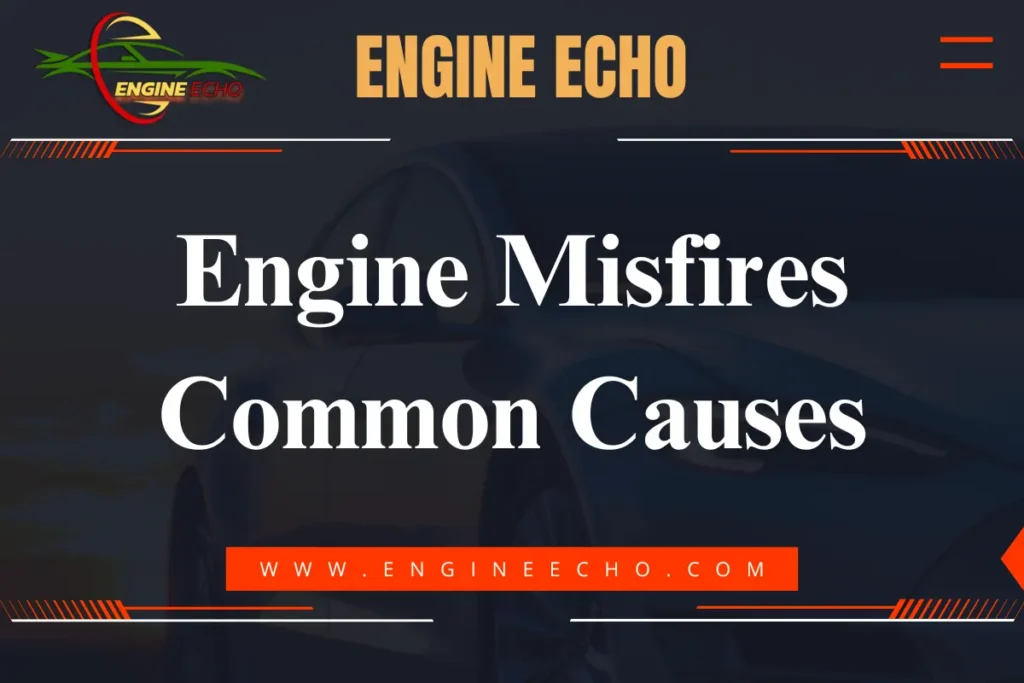 Engine Echo logo with a title 'Engine Misfires: Common Causes' displayed on a dark background with a subtle car silhouette and website link www.engineecho.com.