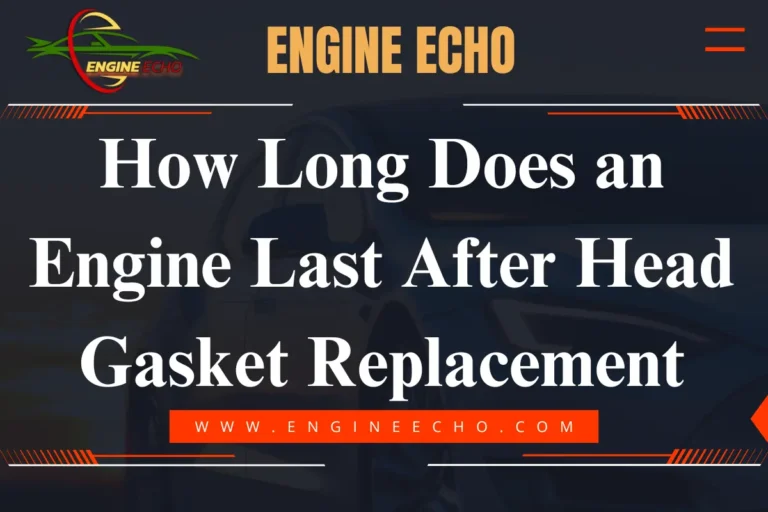 A promotional graphic titled "How Long Does an Engine Last After Head Gasket Replacement" featuring the logo of Engine Echo. The background includes a blurred image of a car, emphasizing automotive content.