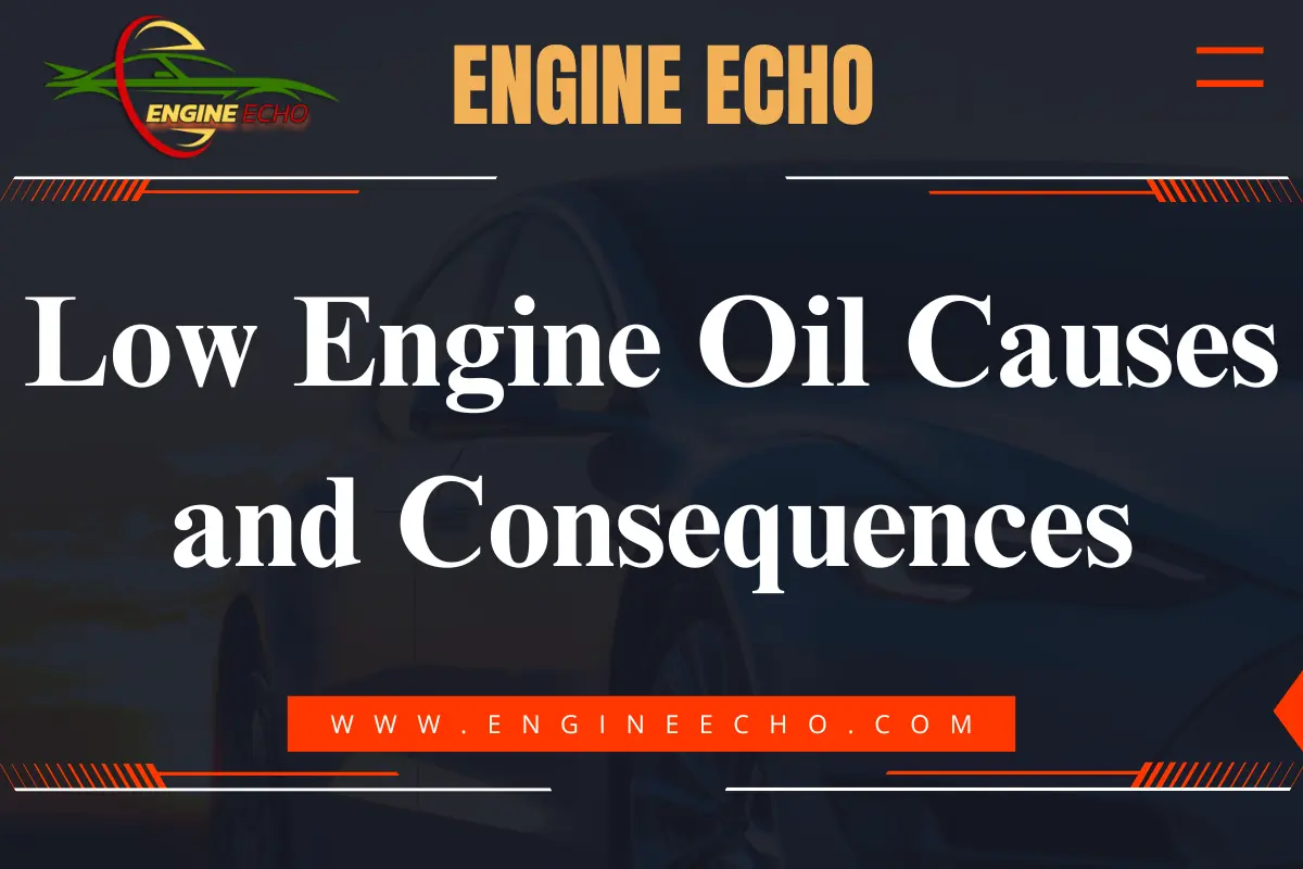 A promotional graphic for "Low Engine Oil Causes and Consequences," featuring a dark background with a car silhouette. The title is prominently displayed in white font, with the website URL "www.engineecho.com" highlighted in orange at the bottom.