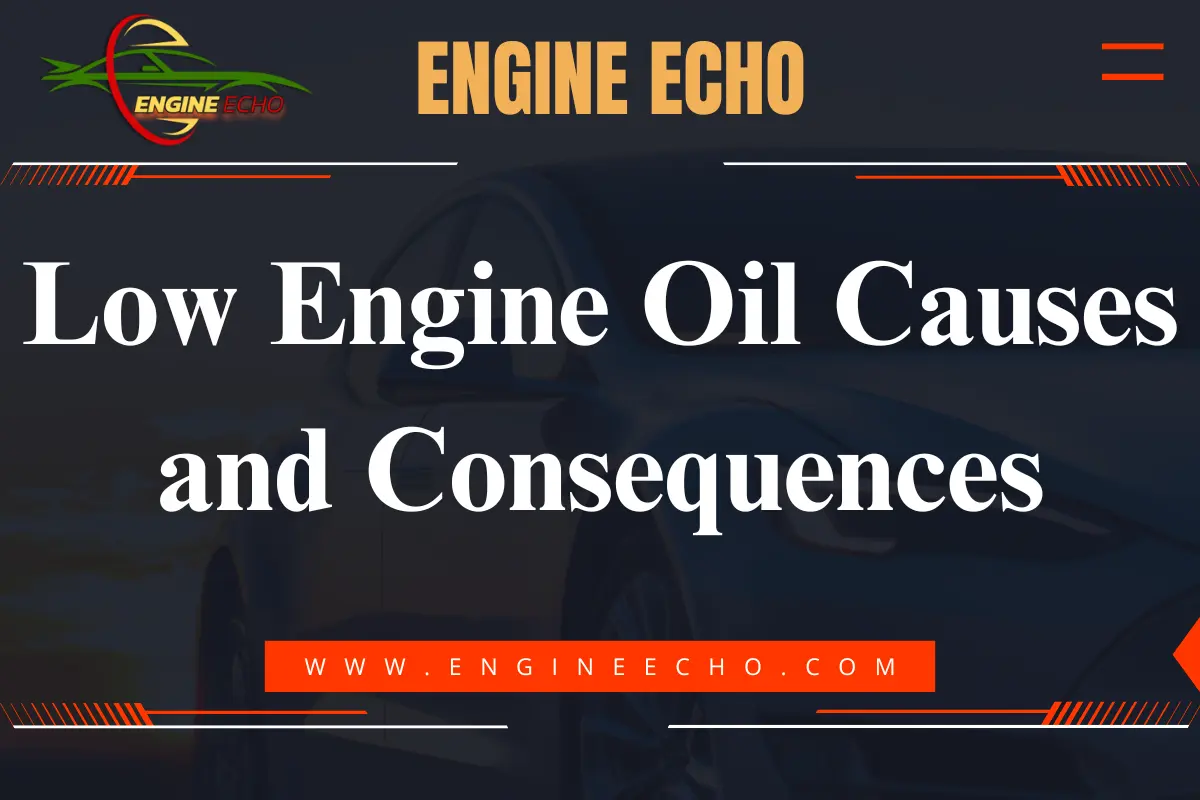 Banner for Engine Echo featuring the title 'Low Engine Oil Causes and Consequences' with a background of a car and a logo at the top.