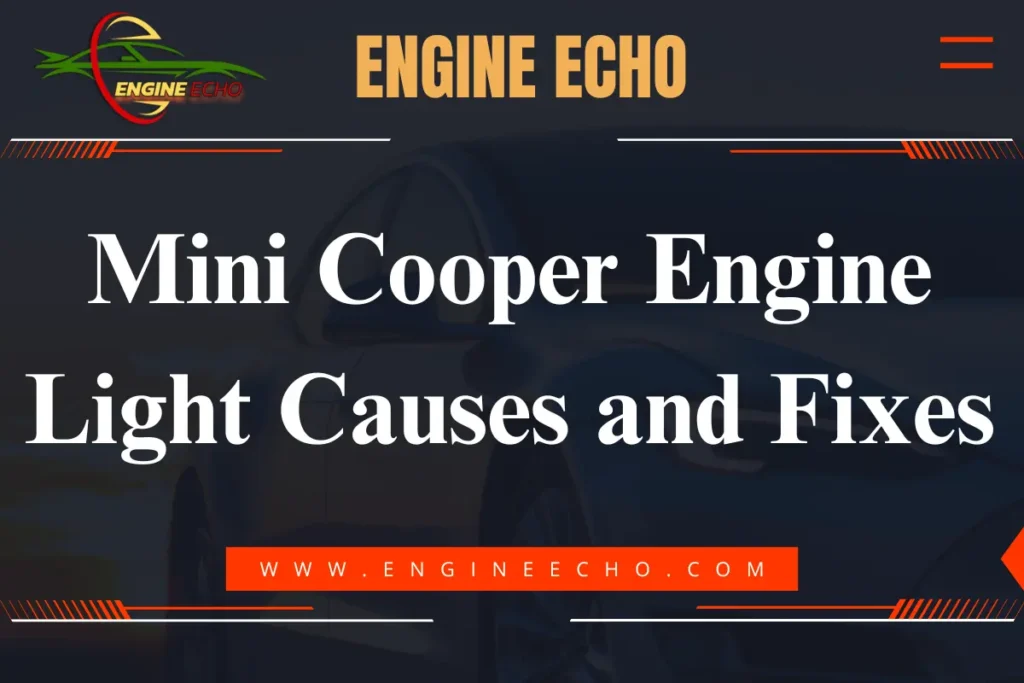 A graphic titled "Mini Cooper Engine Light Causes and Fixes" with a background of a Mini Cooper car, featured on Engine Echo website.