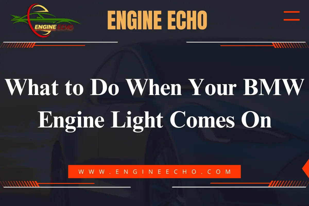 Article title image for 'What to Do When Your BMW Engine Light Comes On' on Engine Echo website, featuring a sleek BMW car in the background.